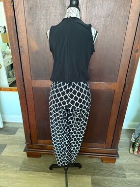 Sleeveless Black Top with Black & White Geometric Jumpsuit